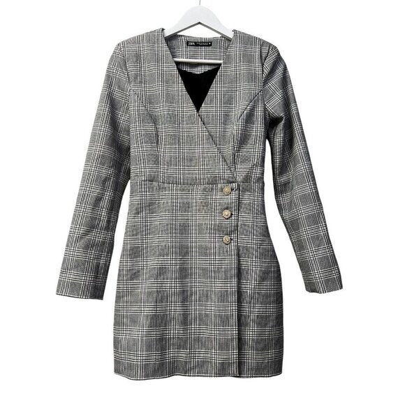 Zara Plaid Blazer Mini Dress Women's Size XS Jeweled Buttons L/S Faux Wrap Style - Picture 5 of 16